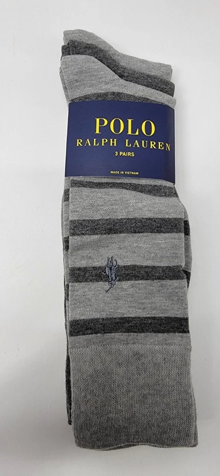 Polo Ralph Lauren Mens Socks 3 Pairs Gray Striped Polyester Blend