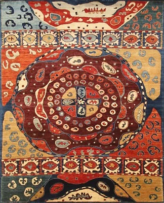 8x10 Multicolor Kaitag Tribal Afghan Hand Knotted Veg dye Wool Abstract Area Rug - Image 1 of 4