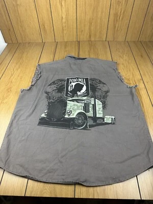 POW MIA Big Rig Truck Mens Shirt L Gray Raw Edges Sleeveless Front Buttons - Image 1 of 4