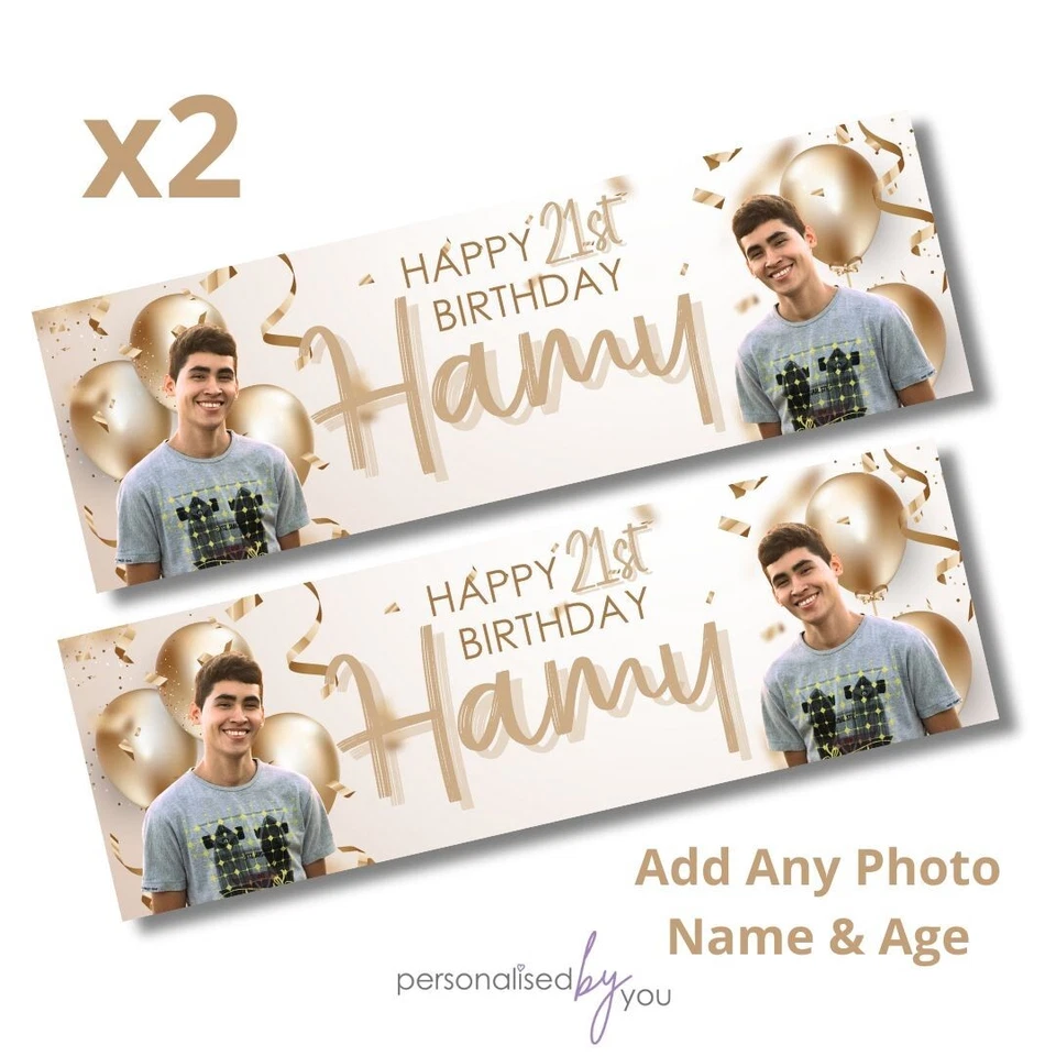 MADVINL 2x Personalised Photo Birthday Banners Gold Large 16th 18th 21st 30th 40th 50th