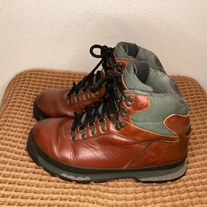 VTG 90s Raichle Womens Sz 8.5 Swiss Leather Hiking Boots Brown Green Mountain - Picture 1 of 11