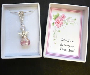 Guardian Angel Necklace for Flower Girl Pink Glass Body Boxed + Organza Bag - Picture 1 of 2