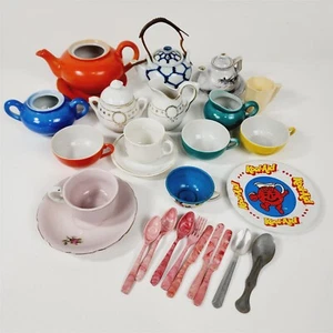 28 Pieces Vintage Childs Tea Set Misc Pieces Metal Ceramic Plastic Teapot Teacup - Picture 1 of 14