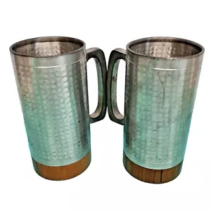 Selangor Pewter Hammered Teak Stein Tankard Selmark Set of 2 Mugs MCM Vintage - Picture 1 of 8