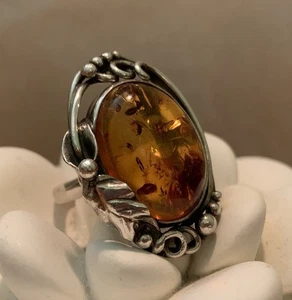 Cognac Baltischer Bernstein? ovaler Ring, 925 Sterling Silber, Blätter Detail Vintage - Bild 1 von 11