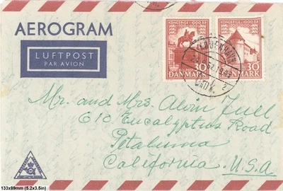 Dinamarca 1961 Aerograma a California Par 30 Minerales Kongeriget 1000 Aar Estampillas Cubierta Foto 1 de 4