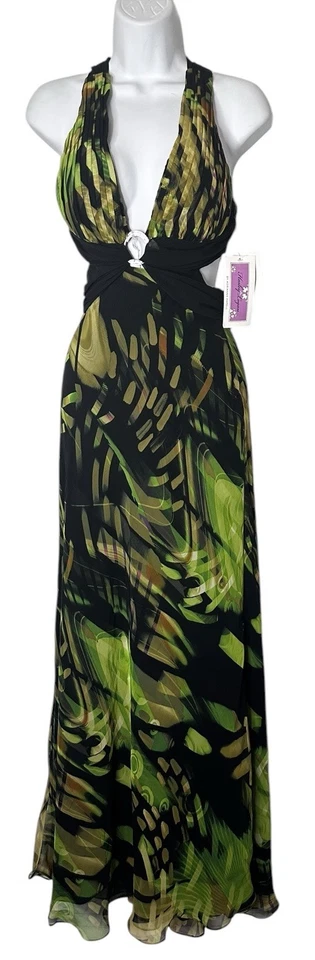 NWT Y2K Hailey Logan Silky Green Black Open Back Whimsigoth Fairy Prom Dress 3/4 - Image 1 of 4