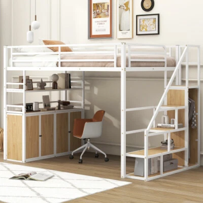 Full Size Metal Loft Bed with Storage Staircase & Wardrobe,Shelves and Lockers - Image 1 of 4