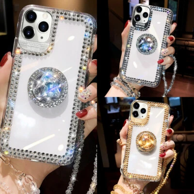 Funda transparente de diamantes brillantes con cadena de anillo para iPhone 12 Pro Max 11 XS Max XR 6 7 8 Foto 1 de 4