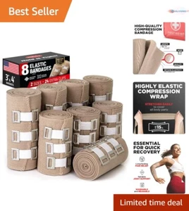 Elastic Bandage Wrap 8pk 4x3" 4x4" Strong Compression First Aid Kit Must-Have - Picture 1 of 9