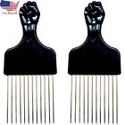 Afro Pick Comb 6.75" Black Fist Metal Lift Hair Detangle 2 pack