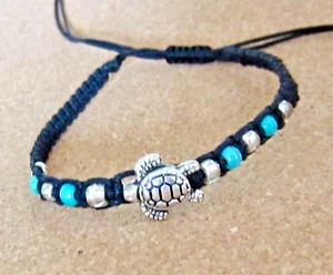 ANKLET TURTLE CHARM BLACK CORD BLUE STONE BEADS ADJUSTABLE BRACELET BEACH WOMENS - Picture 1 of 5