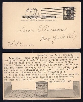 USA Newark NY 1908 Grippin Co Wood Filler ADVERTISING Postal Card - Image 1 of 3