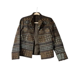 Coldwater Creek Jacket Blazer Petite 6 Brown Blue Embroidered Beaded Aztec Art - Picture 1 of 9