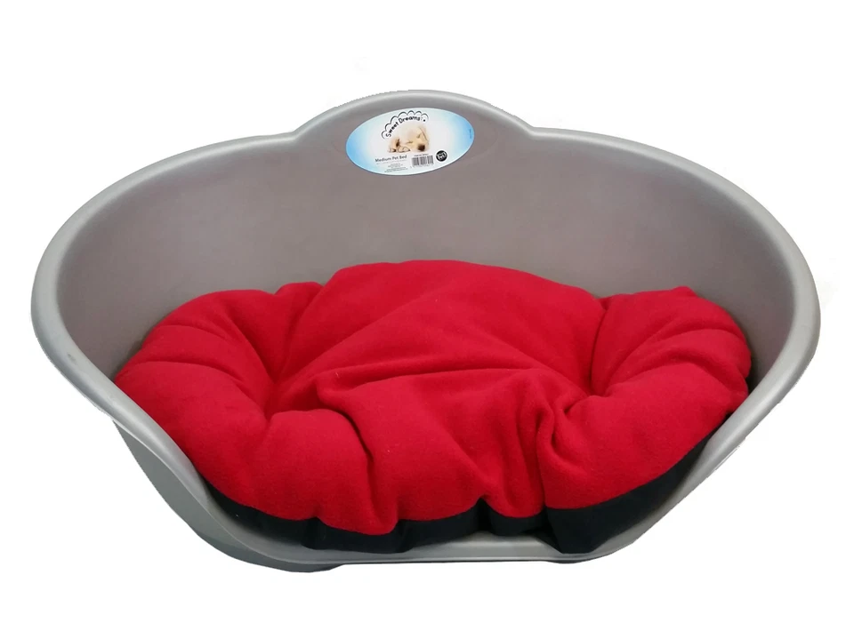 LARGE PLASTIC SILVER GREY PET BED WITH RED CUSHION DOG CAT SLEEP BASKET - Image 1 of 1