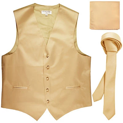 New Men's beige vest Tuxedo Waistcoat_1.5" necktie & hankie set wedding formal - Image 1 of 4