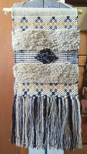 Macrame Wall Hanging Black Gold Ecru Gray Woven Fringe Wood Rope Hanger 12x28" - Picture 1 of 4