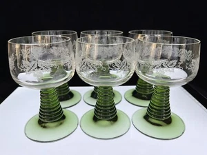 Vintage Schott Zwiesel S/6 Cordial Glasses Green Beehive Stem Etched Grape - Picture 1 of 7