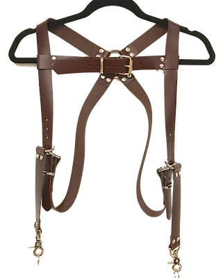 Dual Camera Harness Brown Leather Strap Lens Flash Clasp Nikon Canon Rugged - Image 1 of 2