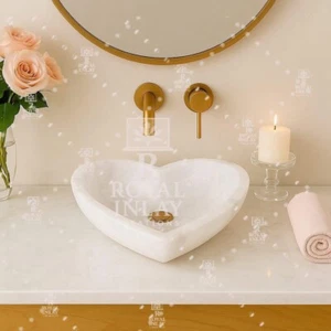 18" Heart Shaped  white Quartz  Sink | Hand-Carved Stone Wash Basin Luxury bowl - Picture 1 of 9