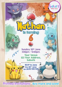 Pokemon Birthday Party Invitation Invite Personalised Pikachu Pocket Monsters - Picture 1 of 2