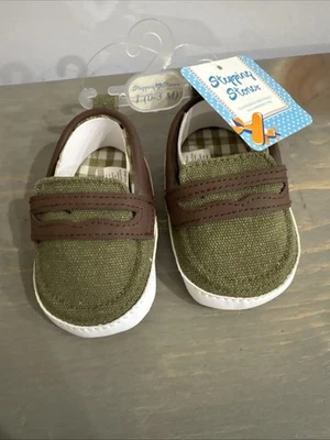ZAPATOS DE BEBÉ STEPPING STONE - 0-3 M0 - TELA VERDE MARRÓN SIN CORDONES - NUEVOS CON ETIQUETAS Foto 1 de 4