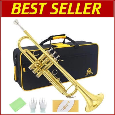 Professional B Flat Brass Trumpet Set with Case and Mouthpiece - Golden Finish - Image 1 of 4