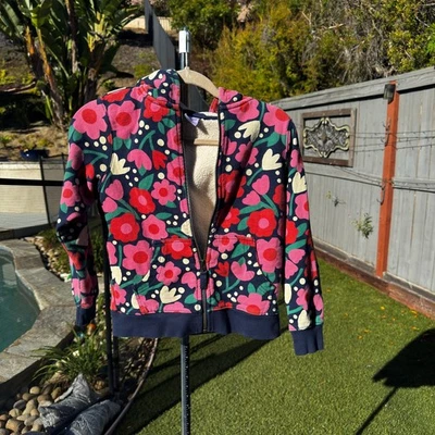 Hanna Andersson Girls Sherpa Lined Zip Hoodie Size 8 Floral Print Navy Cozy - Image 1 of 4