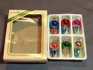 6 Vintage Pyramid Miniature Blown Glass Christmas Tree Ornaments Glitter Gold - Picture 1 of 14