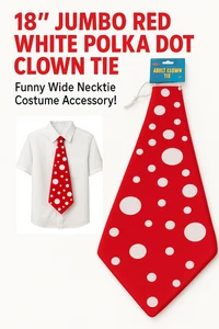 18" BIG RED JUMBO CLOWN LONG NECK TIE White Polka Dots Funny Adult Wide Costume - Picture 1 of 20