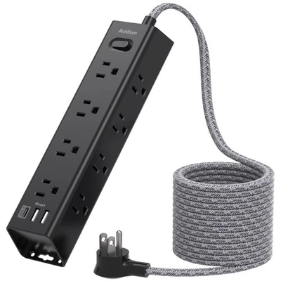 25FT Surge Protector Power Strip 12 AC Outlets 3 USB Flat Plug Wall Mount 1050J - Image 1 of 4
