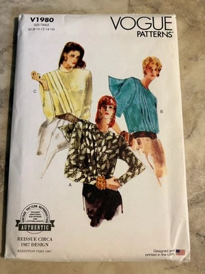 Vogue V1980 MISS BLOUSE 8-16 Retro 1987 Pleated Scarf Shoulder Pads Loose Fit - Image 1 of 2