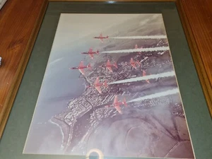 VINTAGE RED ARROWS FRAMED & GLAZED LARGE PRINT SIGNED BY PILOTS 1980S - Picture 1 of 12