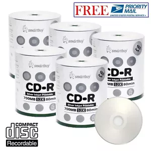 Paquete de 500 discos imprimibles Smartbuy 52X CD-R 700 MB concentrador de inyección de tinta plateado correo prioritario - Imagen 1 de 4