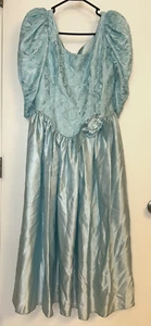 VTG 80s Lace and Satin Dance Allure Aqua Puff Sleeve Prom Dress Size 13/14 Union - Picture 1 of 5