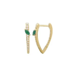 Marquise Emerald Pave Diamond Huggies Earrings 14k Yellow Gold Handmade Jewelry - Picture 1 of 1