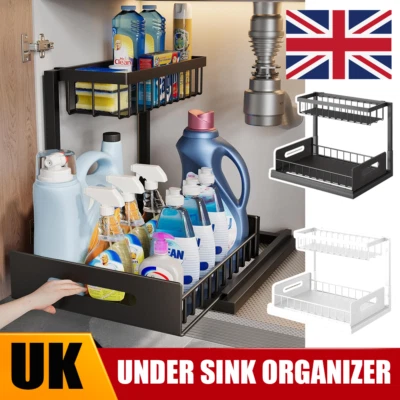 2 Tier Pull Out Basket Kitchen Under Sink Cupboard Organiser Drawer Storage Rack