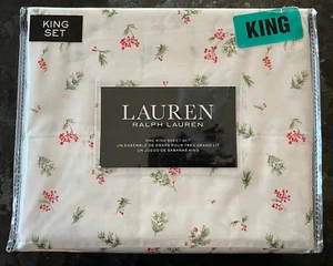 RALPH LAUREN KING SHEET SET HOLLY BERRY MACKENZIE 4PC CHIC CREAM RED GREEN - Picture 1 of 3