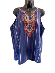 NWT I Love Halter Top Womens Size Large Blue Striped V Neck Embroidered - Picture 1 of 10