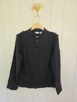 Vtg Oleg Cassini Shirt Jacket 14 Black LINEN Lagenlook Shldr Strap Pockets Mltry - Image 1 of 4