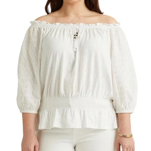 NWT Ralph Lauren Off The Shoulder Eyelet Puff 3/4 Sleeves White Cotton Top 3X - Picture 1 of 9