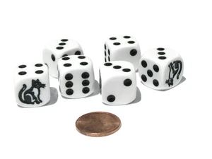 Set of 6 Cat Dice 16mm D6 Rounded Edge Animal Dice- White with Black Pips - Picture 1 of 1