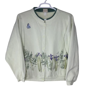 VTG Artisans Cardigan Sweater Womens XL Green Floral Fern Butterfly Nature - Picture 1 of 12