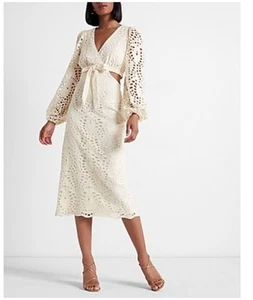 Express Eyelet Cutout Long Sleeve Bow Tie Cream Lace Midi Dress Size XSmall NWT - Picture 1 of 9