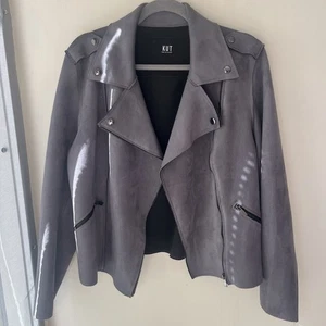 KUT from the Kloth Faux Suede Moto Jacket Gray Asymmetrical Zip Sz L - Picture 1 of 11