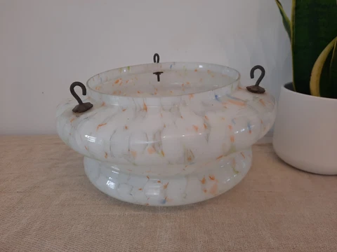 Rare Art Deco Mottled Glass Flycatcher Plaffonier Light Shade Hooks original old Cover