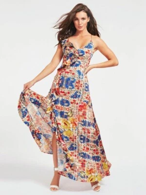 🌺🍃 Vestido largo Guess satinado volantes fantasía multicolor talla M 🌺🍃 Foto 1 de 2