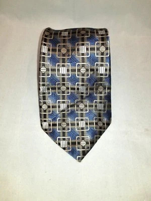 Gravata/gravata masculina de seda geométrica feita à mão Platinum Designs azul/preto/cinza  - Imagem 1 de 4