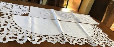 ancien dessus de meuble ou cheminée en lin écru broderies Richelieu 120 cm x 49 - Photo 1/4