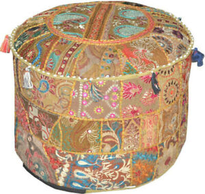 Indian Pouf Footstool Ethnic Embroidered Pouf Cover Cotton Round Ottoman Decor